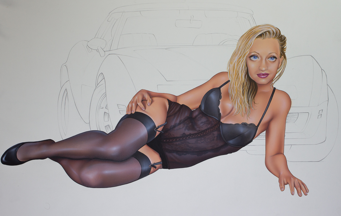 pin up painting of a woman in lingerie in front of a C3 Corvette.