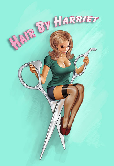 digital pin up painting of a sexy hair stylist on a  pair of scissors